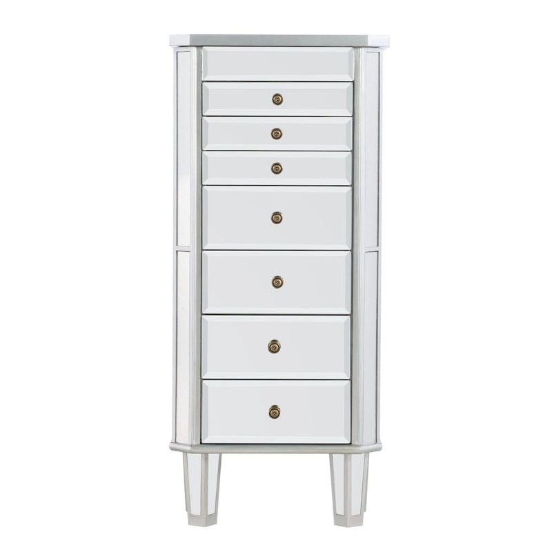 7-Drawer Mirrored Jewelry Armoire with Silver Finish and Open Top Mirror
