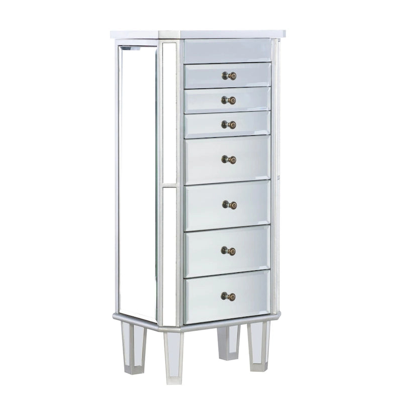 7-Drawer Mirrored Jewelry Armoire with Silver Finish and Open Top Mirror