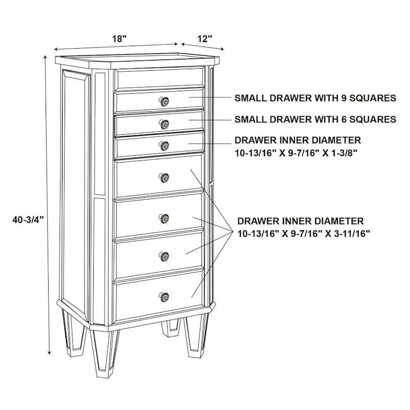 7-Drawer Mirrored Jewelry Armoire with Silver Finish and Open Top Mirror