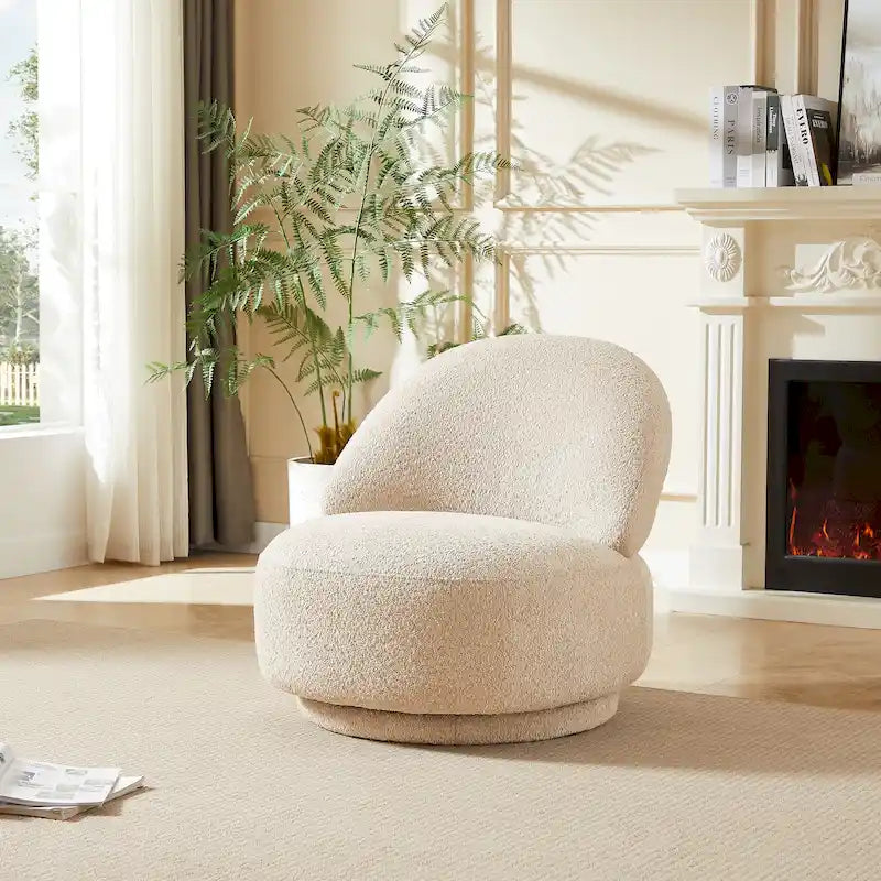 Round Boucle Fabric Swivel Accent Chair with Metal Base Armless in Beige