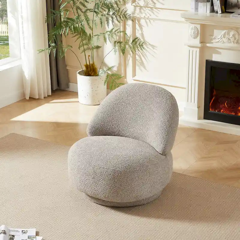 Round Boucle Fabric Swivel Accent Chair with Metal Base Armless in Beige