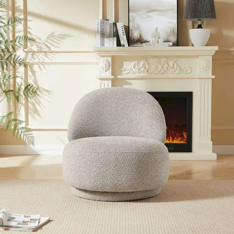 Round Boucle Fabric Swivel Accent Chair with Metal Base Armless in Beige