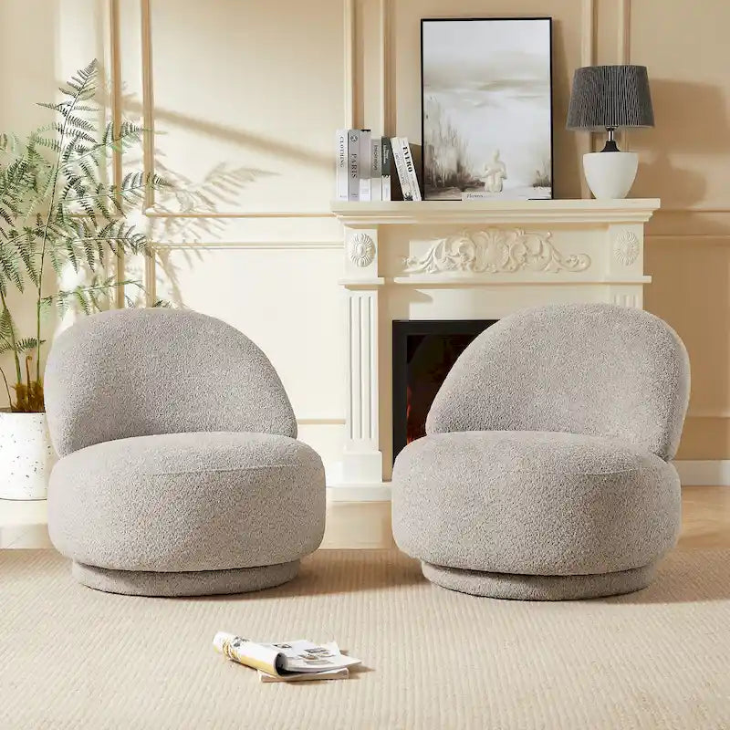 Round Boucle Fabric Swivel Accent Chair with Metal Base Armless in Beige