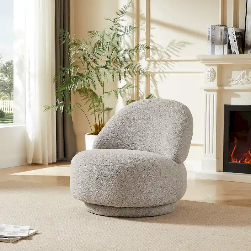 Round Boucle Fabric Swivel Accent Chair with Metal Base Armless in Beige
