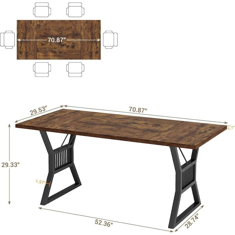 Industrial Dining Table with Rustic Wood Top and Trapezoidal Metal Legs Seats 4 to 6