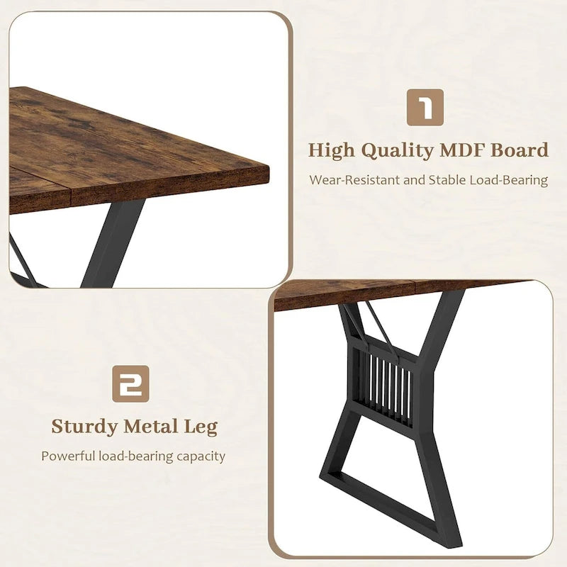 Industrial Dining Table with Rustic Wood Top and Trapezoidal Metal Legs Seats 4 to 6