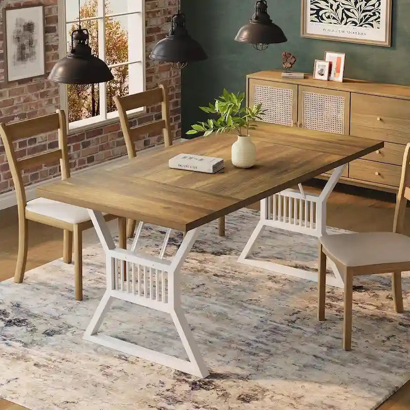 Industrial Dining Table with Rustic Wood Top and Trapezoidal Metal Legs Seats 4 to 6