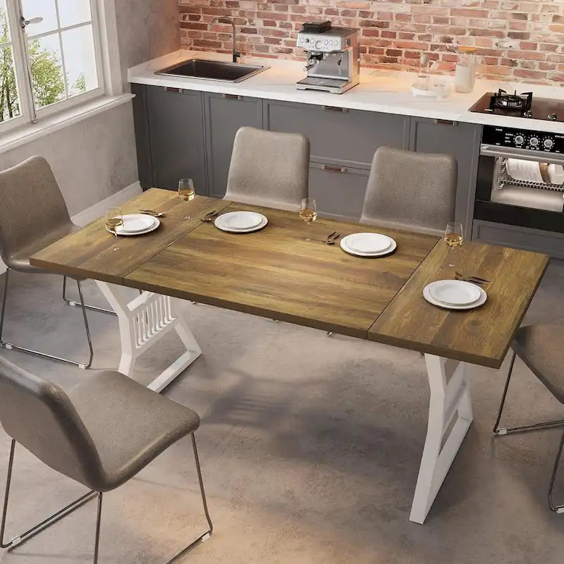 Industrial Dining Table with Rustic Wood Top and Trapezoidal Metal Legs Seats 4 to 6