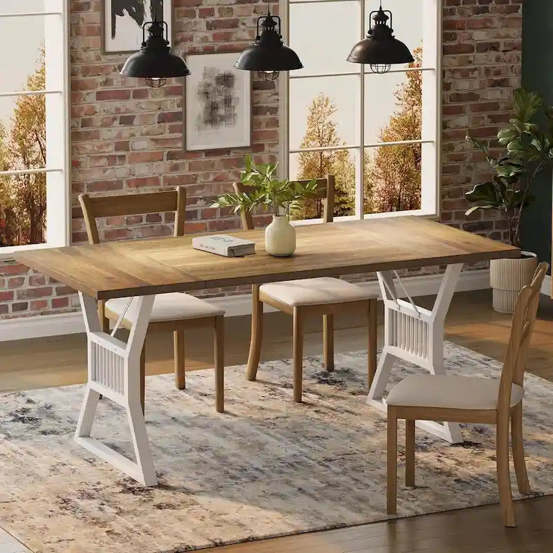 Industrial Dining Table with Rustic Wood Top and Trapezoidal Metal Legs Seats 4 to 6