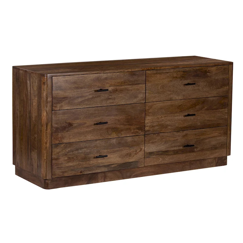 60-Inch Wide 6-Drawer Dresser in Handcrafted Mango Wood with Walnut Brown Finish and Metal Handles