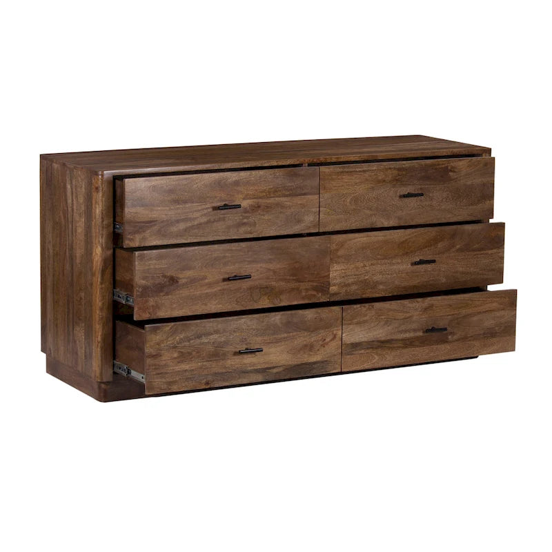 60-Inch Wide 6-Drawer Dresser in Handcrafted Mango Wood with Walnut Brown Finish and Metal Handles
