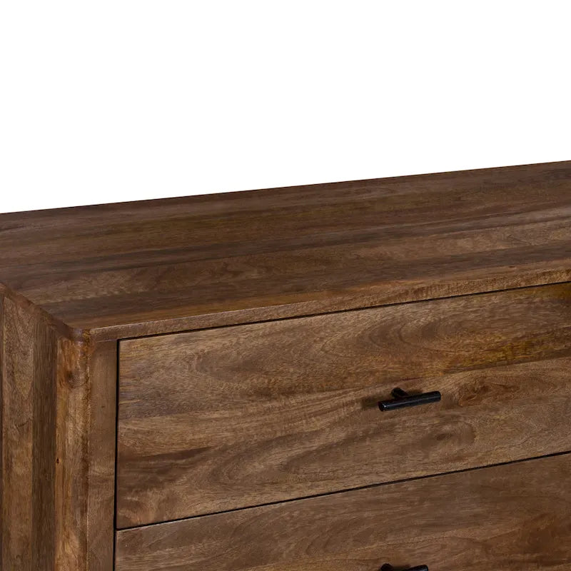 60-Inch Wide 6-Drawer Dresser in Handcrafted Mango Wood with Walnut Brown Finish and Metal Handles