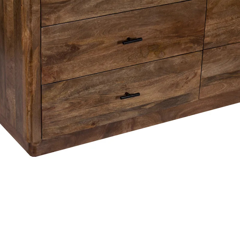 60-Inch Wide 6-Drawer Dresser in Handcrafted Mango Wood with Walnut Brown Finish and Metal Handles