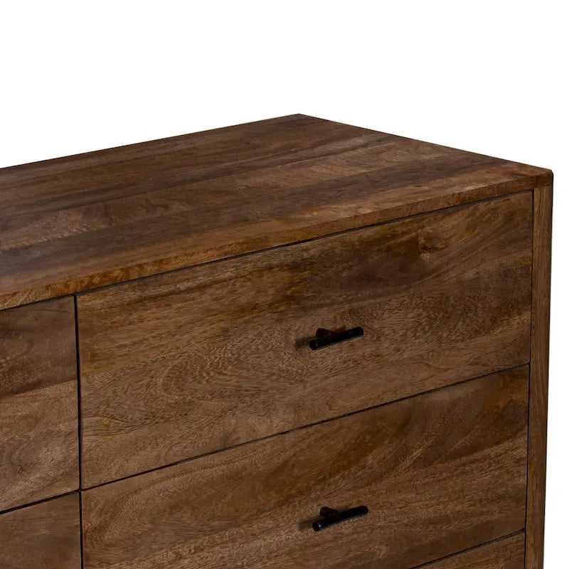 60-Inch Wide 6-Drawer Dresser in Handcrafted Mango Wood with Walnut Brown Finish and Metal Handles