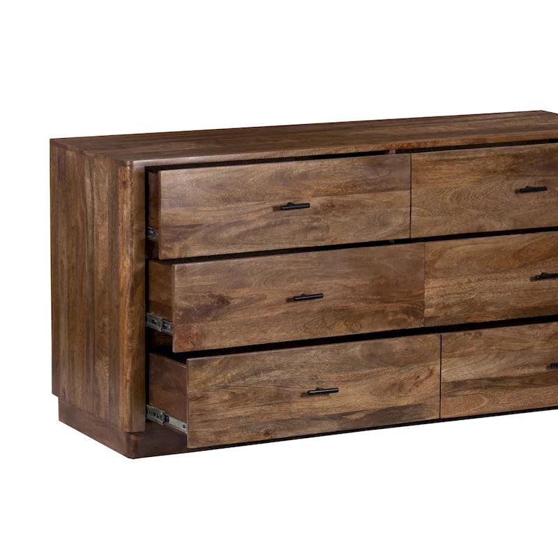 60-Inch Wide 6-Drawer Dresser in Handcrafted Mango Wood with Walnut Brown Finish and Metal Handles