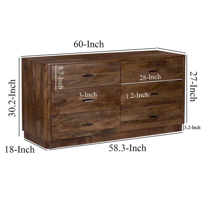 60-Inch Wide 6-Drawer Dresser in Handcrafted Mango Wood with Walnut Brown Finish and Metal Handles