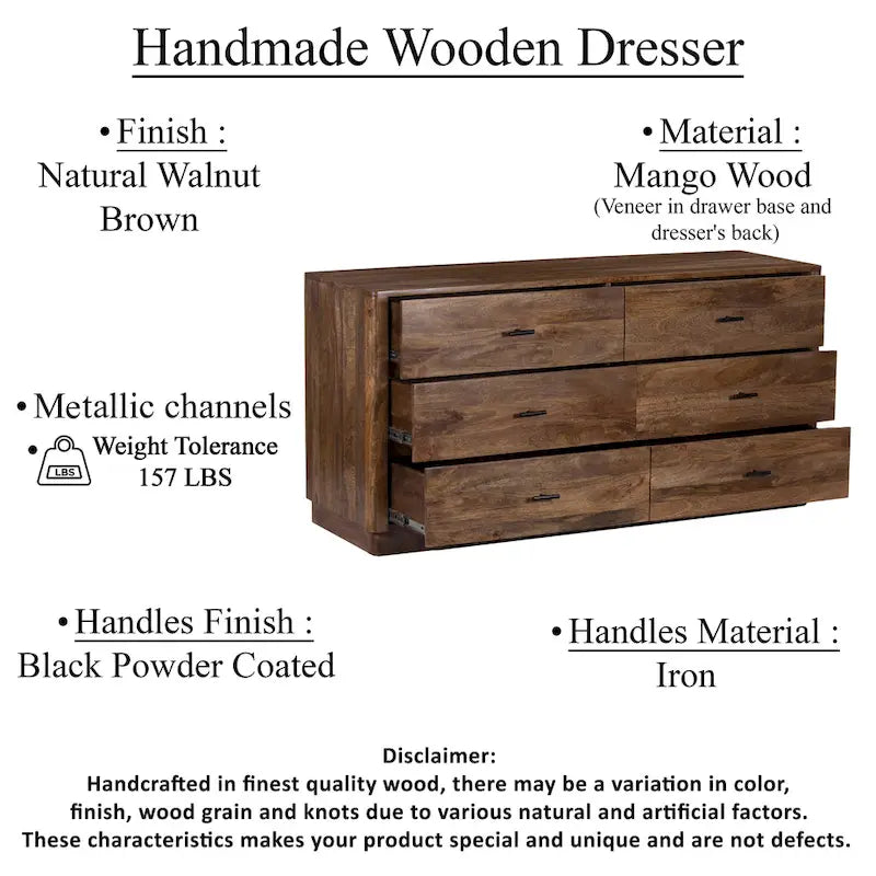 60-Inch Wide 6-Drawer Dresser in Handcrafted Mango Wood with Walnut Brown Finish and Metal Handles