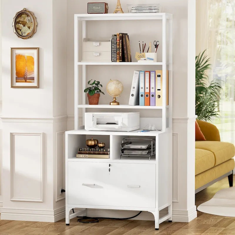 Vertical File Cabinet with Built-In Charging Station 3-Tier Adjustable Shelves and Lockable File Drawer