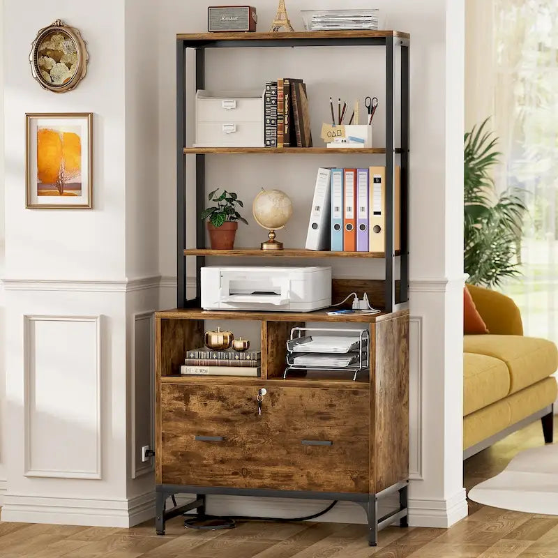 Vertical File Cabinet with Built-In Charging Station 3-Tier Adjustable Shelves and Lockable File Drawer