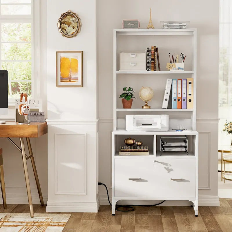 Vertical File Cabinet with Built-In Charging Station 3-Tier Adjustable Shelves and Lockable File Drawer