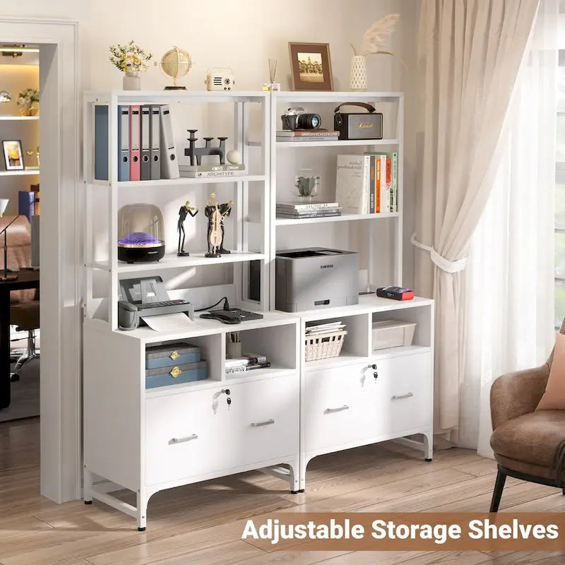 Vertical File Cabinet with Built-In Charging Station 3-Tier Adjustable Shelves and Lockable File Drawer