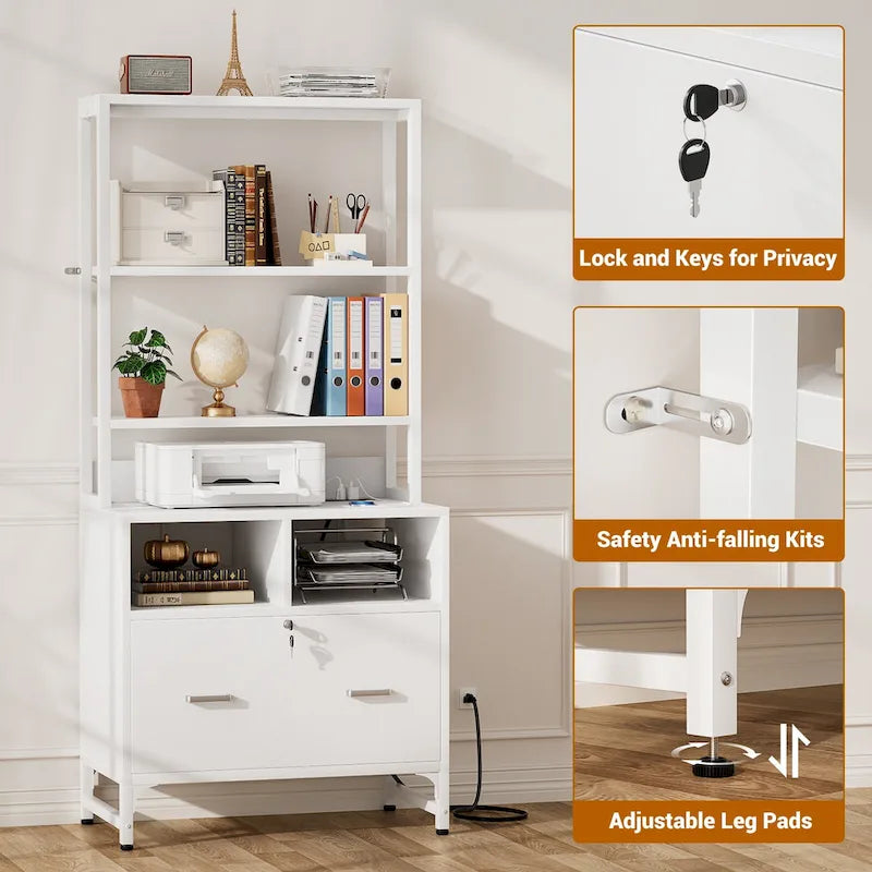 Vertical File Cabinet with Built-In Charging Station 3-Tier Adjustable Shelves and Lockable File Drawer