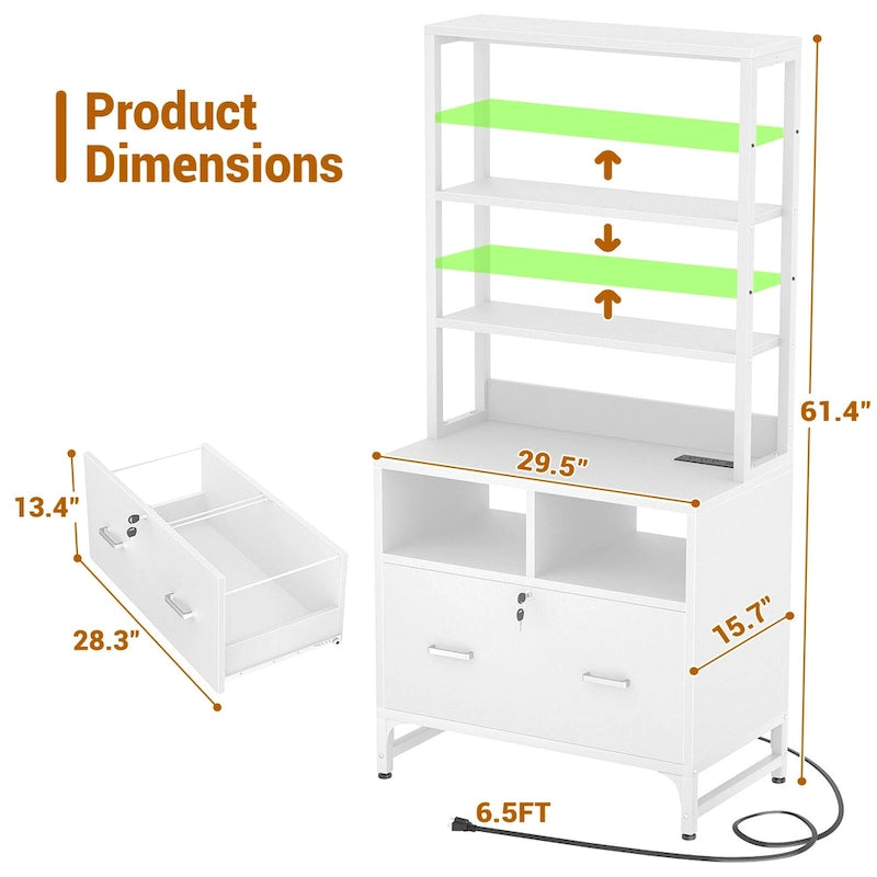 Vertical File Cabinet with Built-In Charging Station 3-Tier Adjustable Shelves and Lockable File Drawer