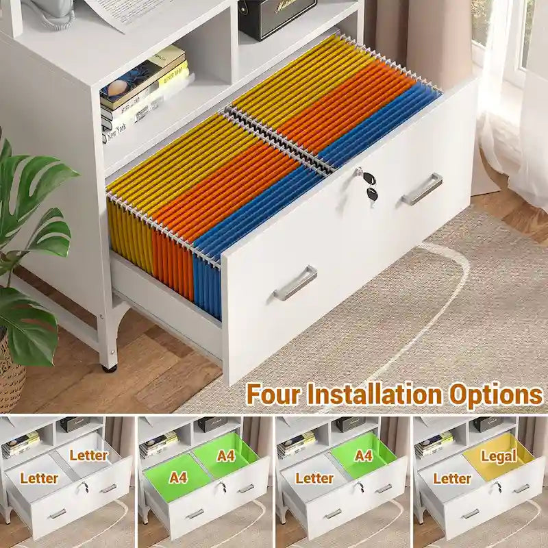 Vertical File Cabinet with Built-In Charging Station 3-Tier Adjustable Shelves and Lockable File Drawer