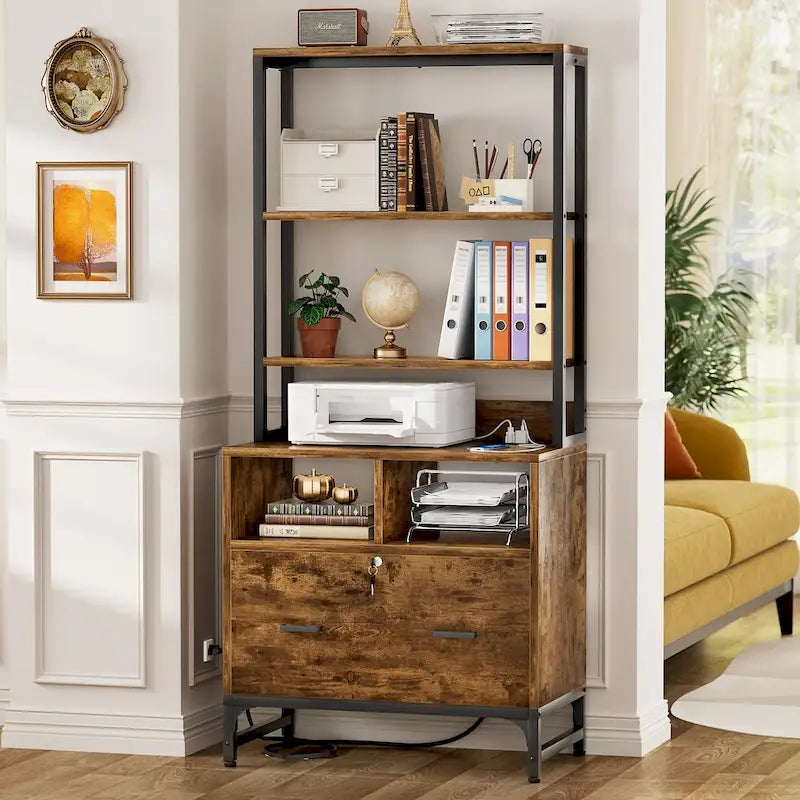 Vertical File Cabinet with Built-In Charging Station 3-Tier Adjustable Shelves and Lockable File Drawer
