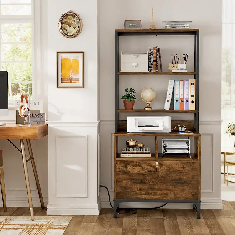 Vertical File Cabinet with Built-In Charging Station 3-Tier Adjustable Shelves and Lockable File Drawer