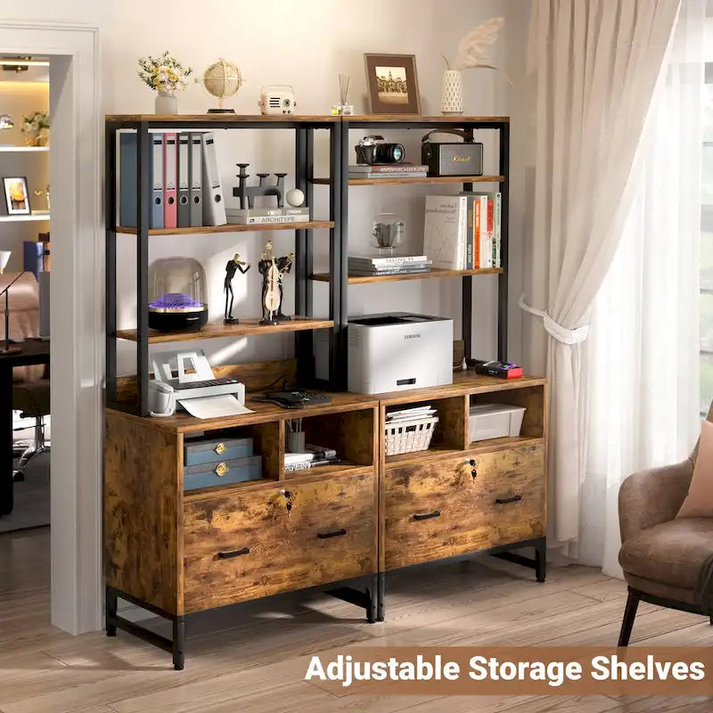 Vertical File Cabinet with Built-In Charging Station 3-Tier Adjustable Shelves and Lockable File Drawer