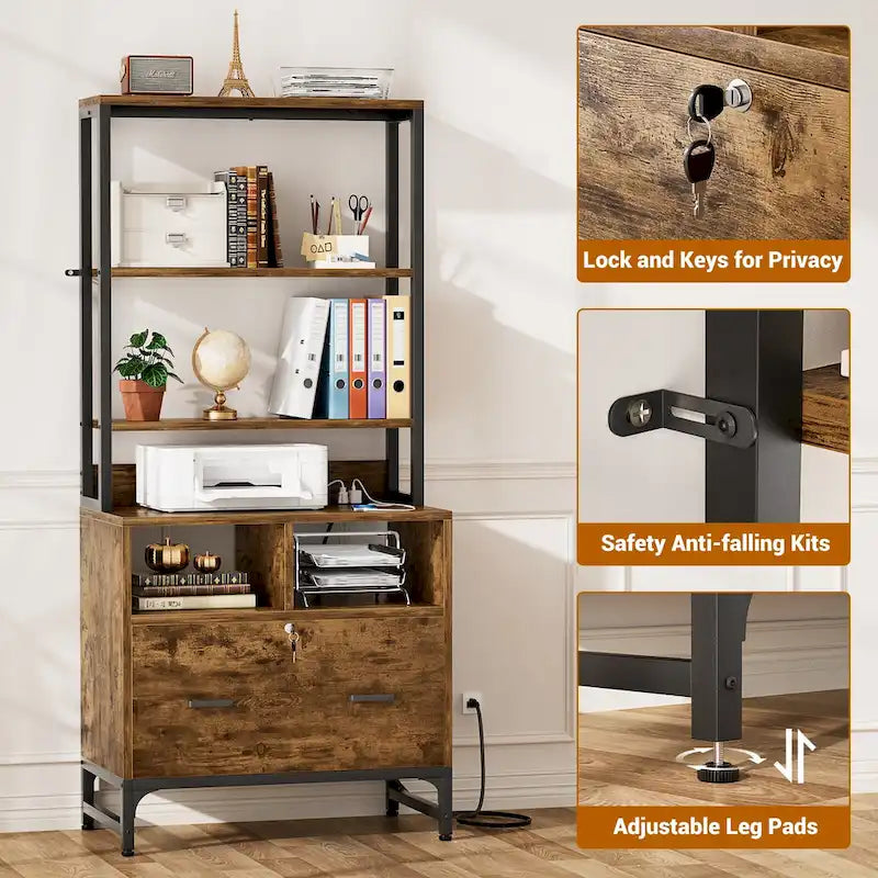 Vertical File Cabinet with Built-In Charging Station 3-Tier Adjustable Shelves and Lockable File Drawer