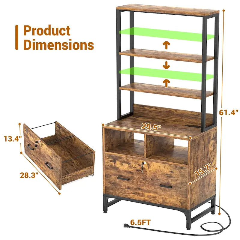 Vertical File Cabinet with Built-In Charging Station 3-Tier Adjustable Shelves and Lockable File Drawer