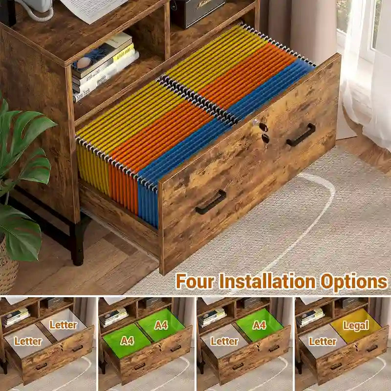 Vertical File Cabinet with Built-In Charging Station 3-Tier Adjustable Shelves and Lockable File Drawer
