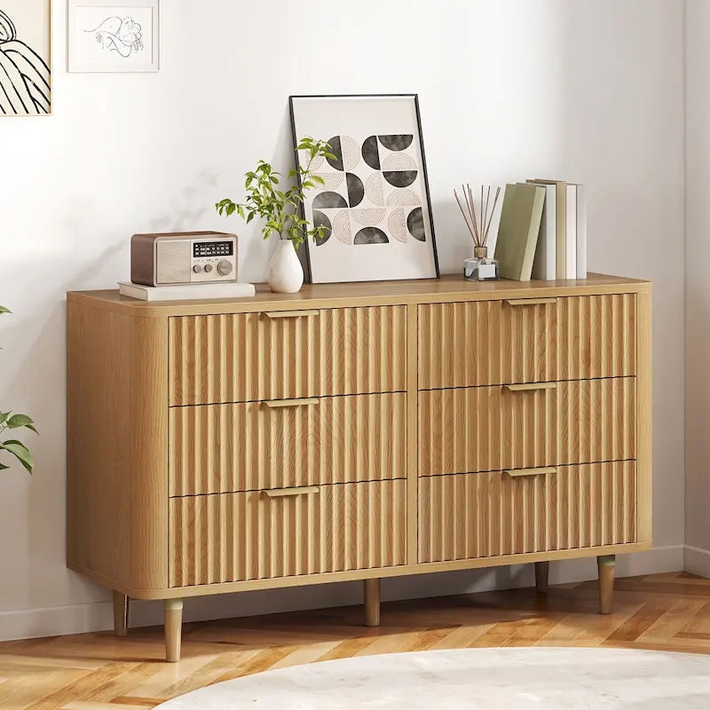 6-Drawer Wood Dresser with Fluted Panel and Golden Handles