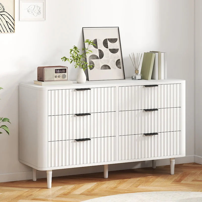 6-Drawer Wood Dresser with Fluted Panel and Golden Handles