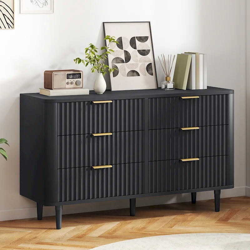 6-Drawer Wood Dresser with Fluted Panel and Golden Handles