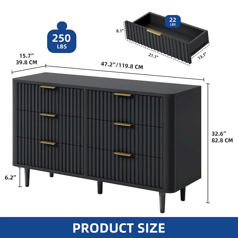 6-Drawer Wood Dresser with Fluted Panel and Golden Handles