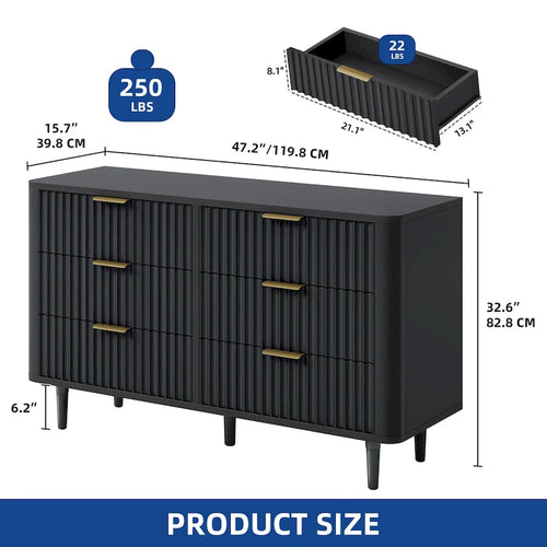 6-Drawer Wood Dresser with Fluted Panel and Golden Handles