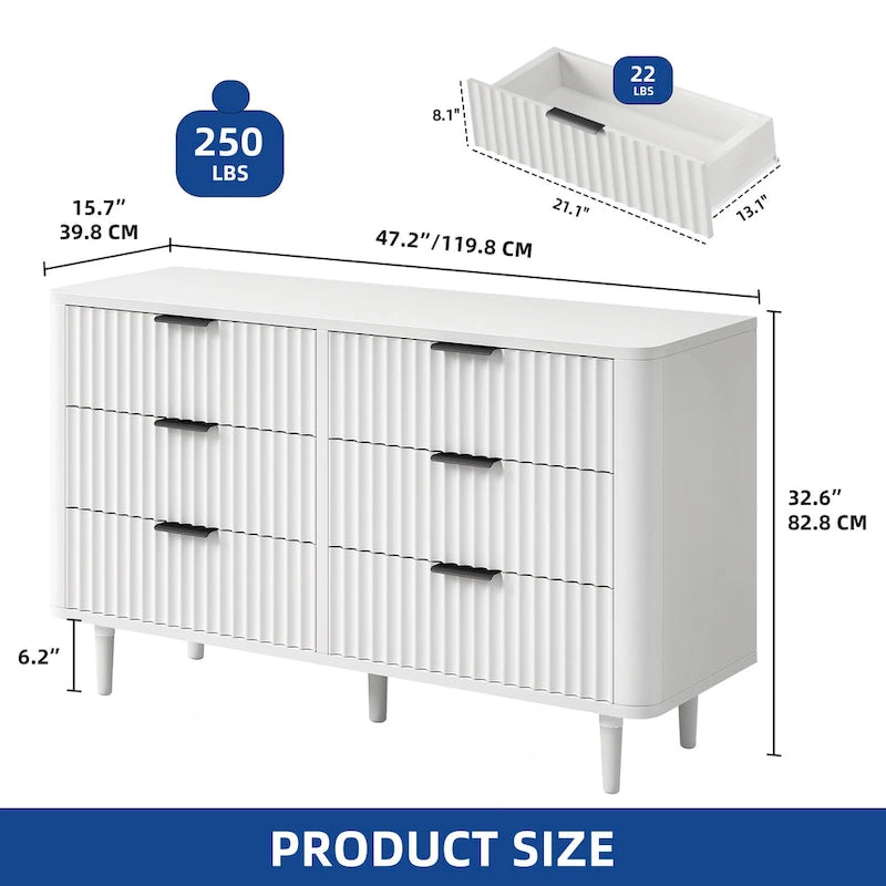 6-Drawer Wood Dresser with Fluted Panel and Golden Handles
