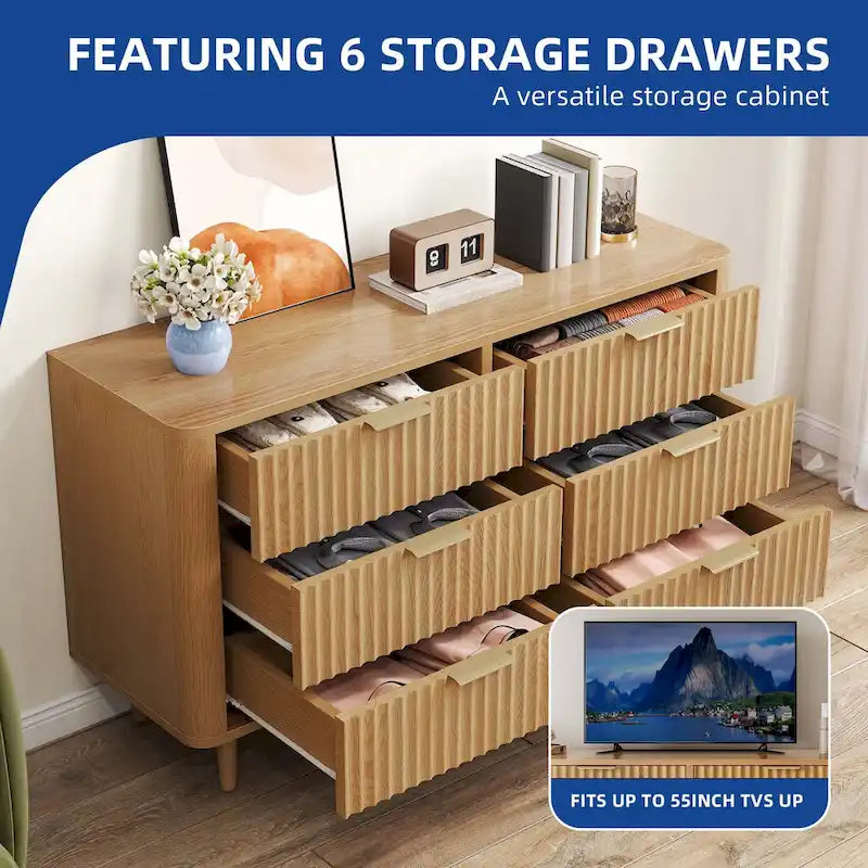 6-Drawer Wood Dresser with Fluted Panel and Golden Handles