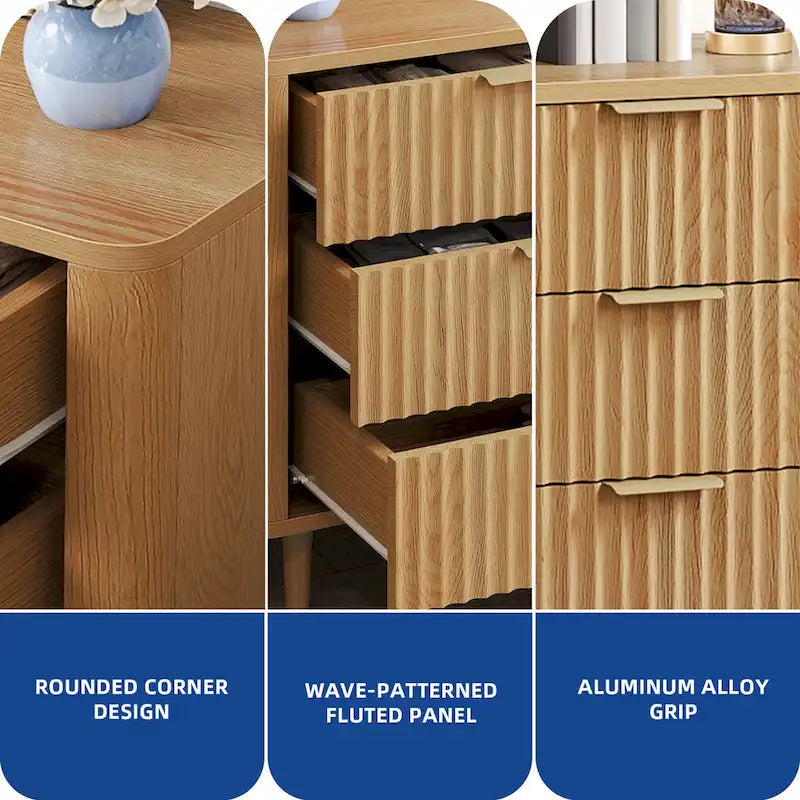 6-Drawer Wood Dresser with Fluted Panel and Golden Handles
