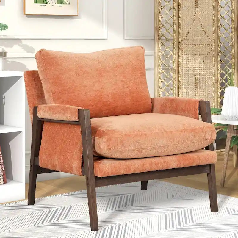 Mid-Century Velvet Accent Armchair with Thick Cushion Serpentine Springs and Rubber Wood Frame