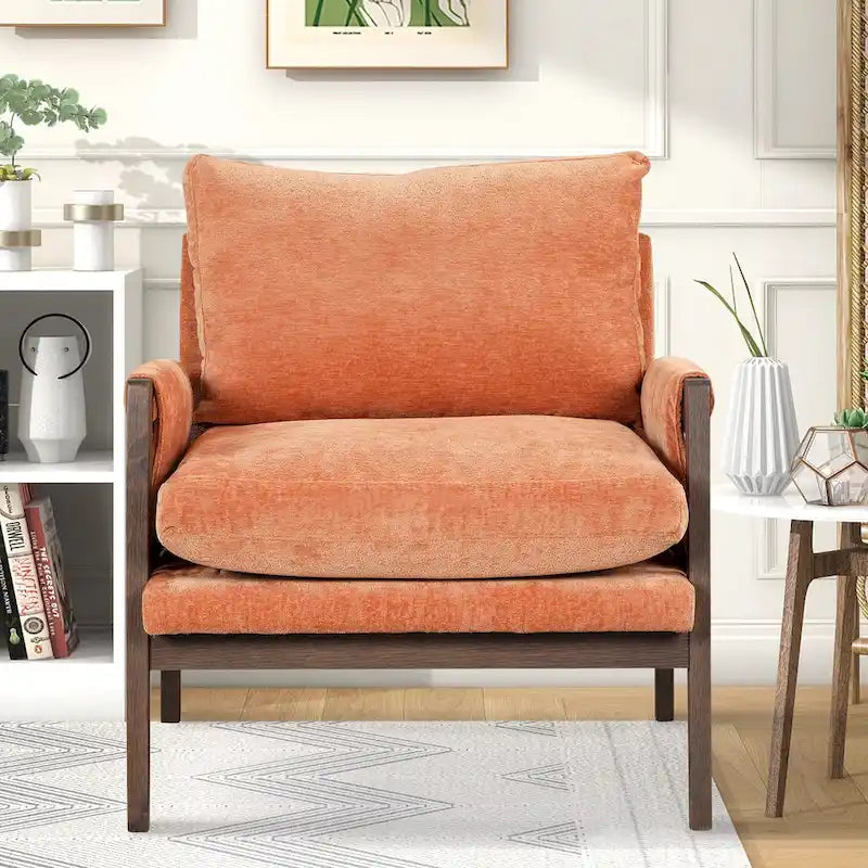 Mid-Century Velvet Accent Armchair with Thick Cushion Serpentine Springs and Rubber Wood Frame