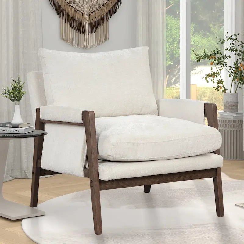 Mid-Century Velvet Accent Armchair with Thick Cushion Serpentine Springs and Rubber Wood Frame