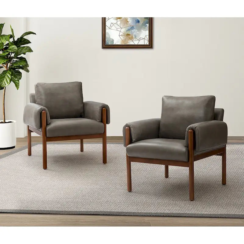 PU Leather Accent Armchair with Solid Walnut Wood Frame and Removable Cushion