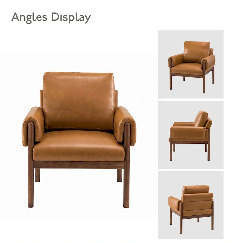 PU Leather Accent Armchair with Solid Walnut Wood Frame and Removable Cushion