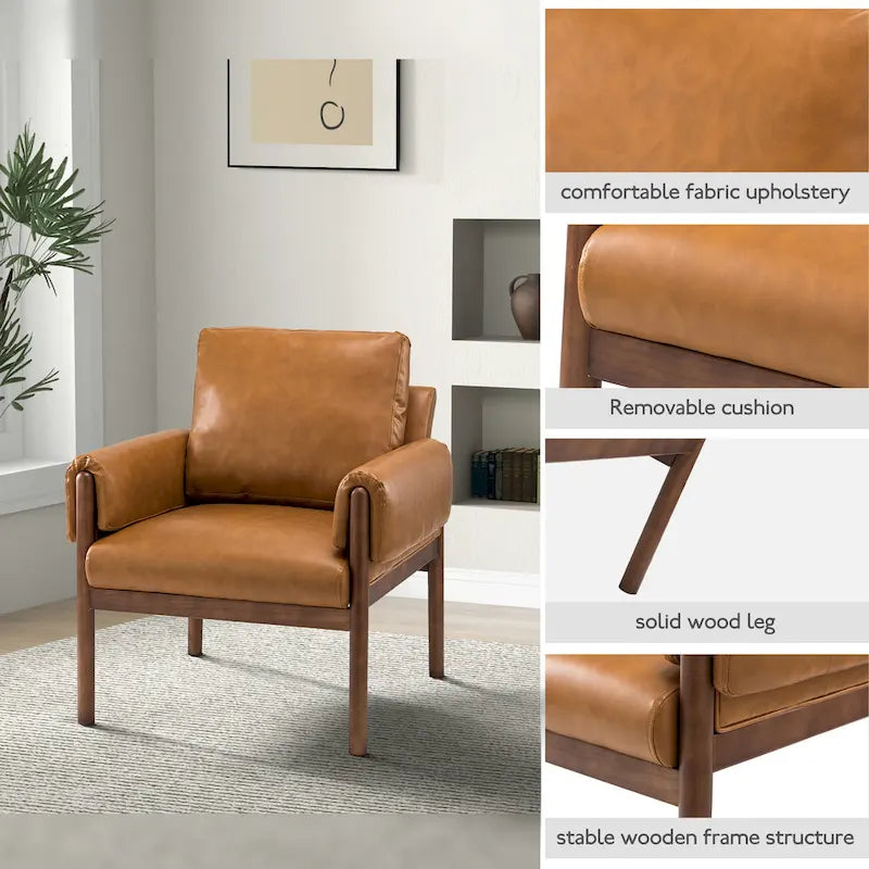 PU Leather Accent Armchair with Solid Walnut Wood Frame and Removable Cushion