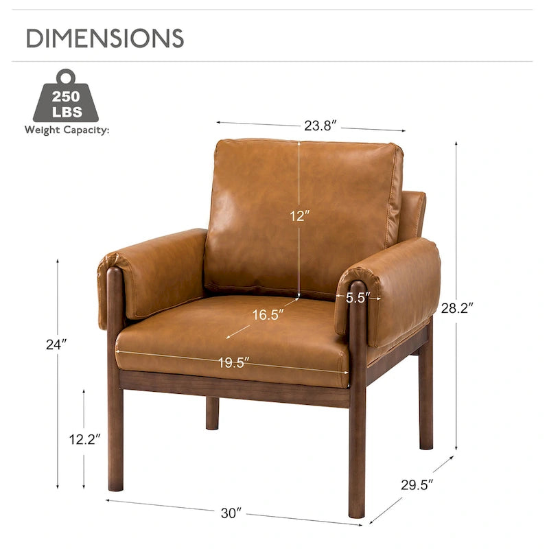 PU Leather Accent Armchair with Solid Walnut Wood Frame and Removable Cushion