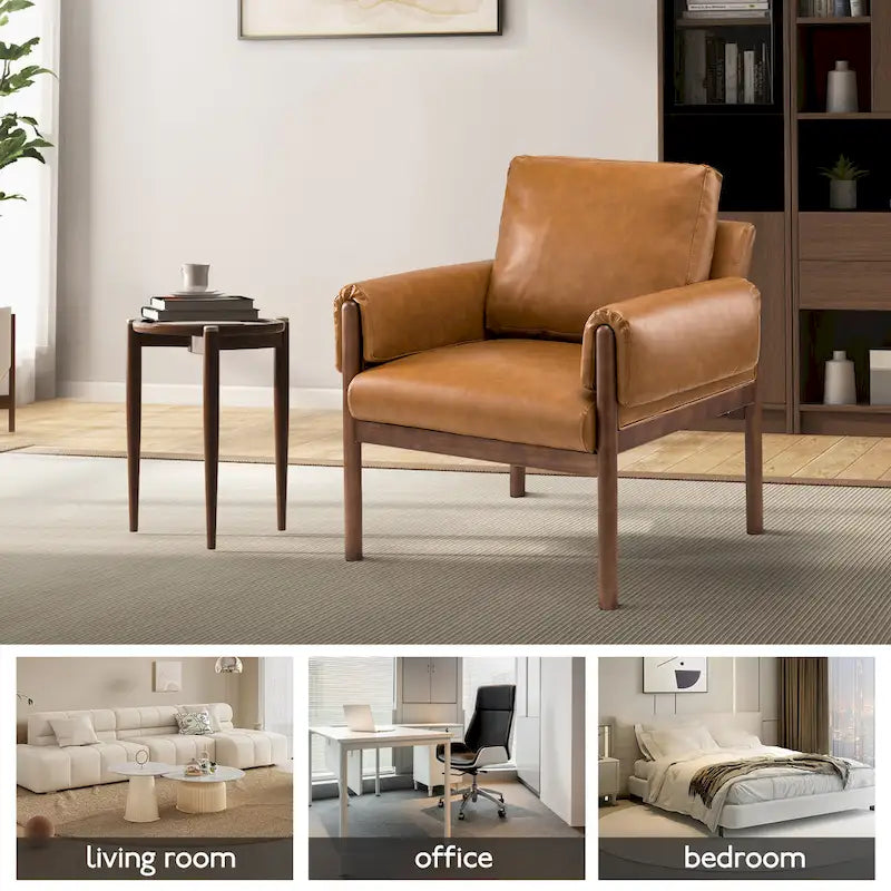 PU Leather Accent Armchair with Solid Walnut Wood Frame and Removable Cushion
